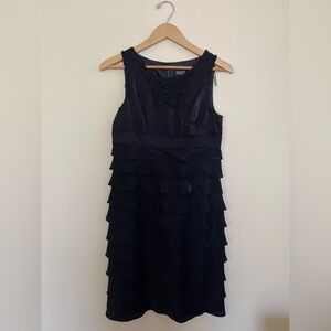 Adrianna Papell Womens Midi Tiered Cocktail Dress 10 Black Beads Preppy Occasion